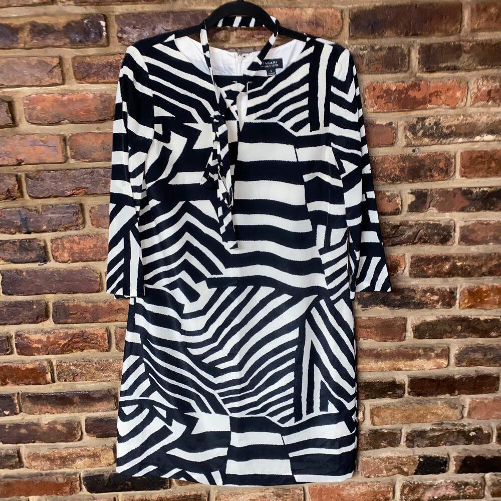 Tahari Arthur S Levine Black White Geometric Zebra Long Sleeve Dress Women's 6